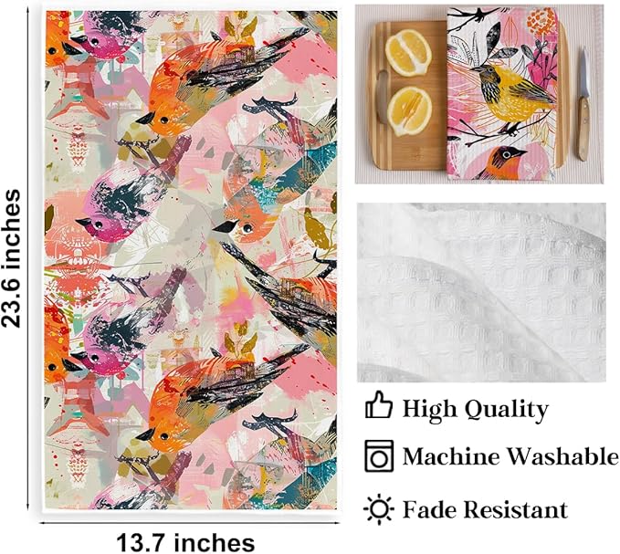 2 Pcs Abstract Bird Kitchen Towels, Colorful Art Decorative Absorbent Microfiber Dish Cloth Tea Towel, Waffle Soft Hand Towels for Farmhouse Home Bathroom, Housewarming Gifts