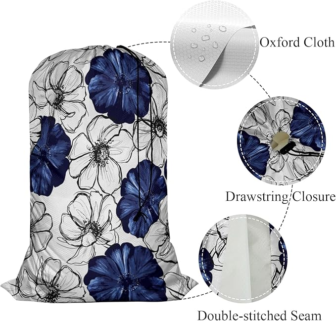 Swono Wild Flower Extra Large Huge Heavy Duty Polyester Laundry Storage Bag with Drawstring, Dark Navy Blue Floral Sketch Washable Travel Dirty Clothes Bag Hamper Liner