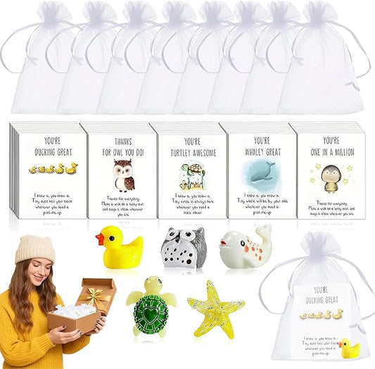25 Set Animal Pun Note Cards, Employee Appreciation Gift Bulk for Coworkers Thank You Staff Vet Tech Week Gift, Inspirational Resin Office Pocket Gifts with Mini Animals,Cards and Organza Bags