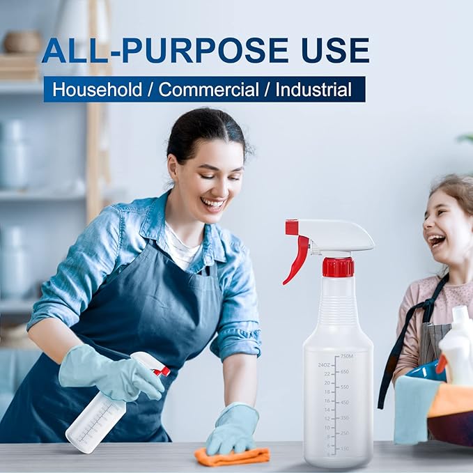 Veco Spray Bottle (5 Pack,32 Oz) with Measurements and Adjustable Nozzle(Mist & Stream Mode), HDPE Plastic Spray Bottles for Cleaning Solution, Household/Commercial/Industrial Use, No Leak and Clog