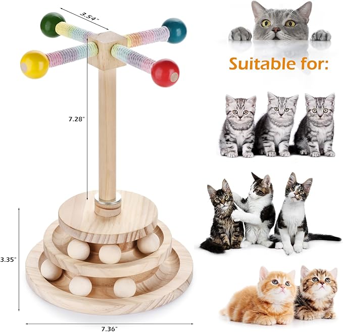 2-in-1 Wooden cat Toy, Interactive Multi-Layer Ball Track and Rotating cat Teaser Stick - Durable Natural Wood Made Puzzle Sports Toy for Kittens