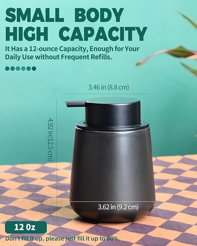 Bosilunlife Ceramic Foaming Soap Dispenser - 12Oz Matte Black Foam Hand Soap Dispenser Bathroom Countertop Kitchen Dish Soap Pump Dispenser Liquid Wash Dispenser for Bathroom