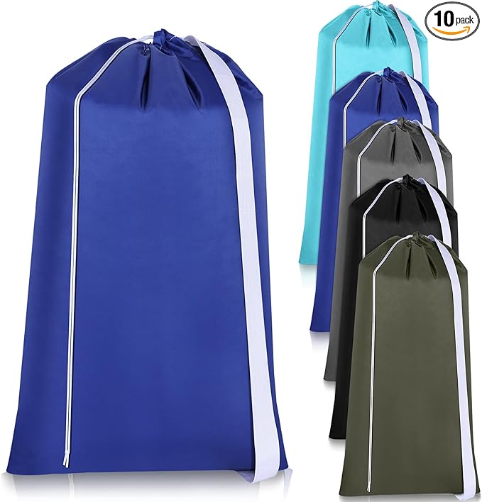 10 Pcs Nylon Extra Large Laundry Bag with Strap Travel Laundry Bags with Drawstring Closure Portable Cloth Bag for College Dorm Apartment Dwellers(Dark Color,27 x 13 Inch)