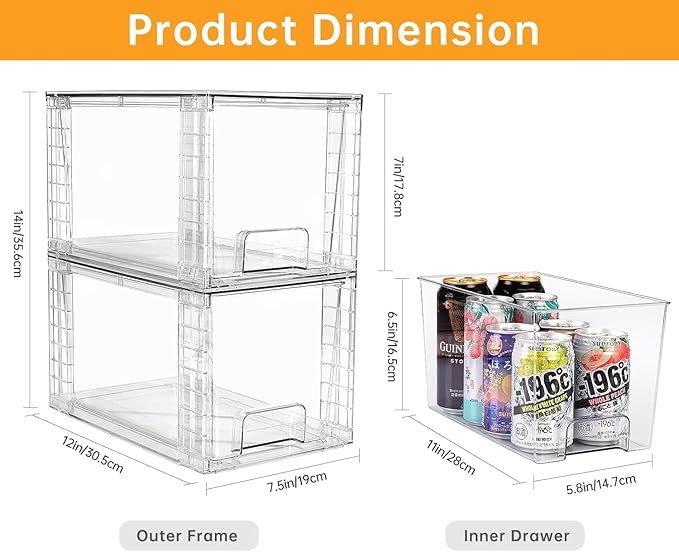 2 Pack Large Stackable Storage Drawers,Clear Acrylic Drawer Organizers with Handles, Easily Assemble for Kitchen Undersink,Bathroom,Cabinet,Makeup,Closet,Pantry,Organization and Storage