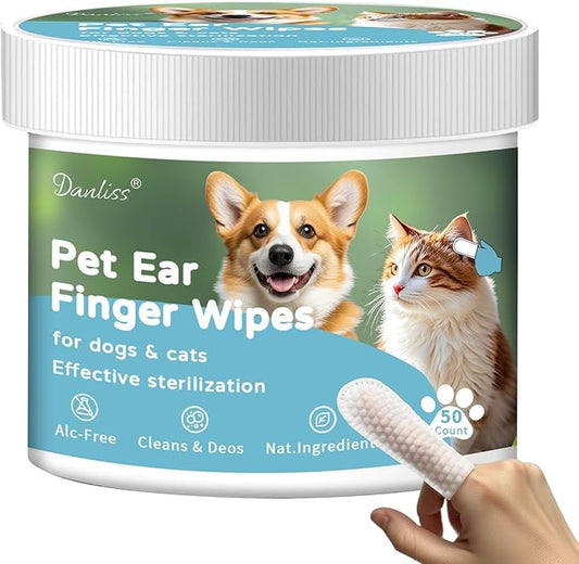 Dog Ear Cleaner Wipes Finger for Dogs & Cats, Dog Ear Infection Treatment Regular Soothing Odor Remove Ear Wax Build Up Pet Health Supplies Premium Strength Relieve Ear Itching 50 Count