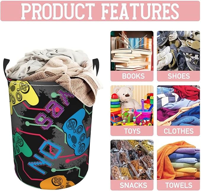 Colorful Game Joysticks Laundry Hamper Bag, Video Game Controller Background Round Laundry Basket Foldable Clothes Storage Organizer For Bathroom Bedroom Nursery Dorm, S-16.5"X 13.8"