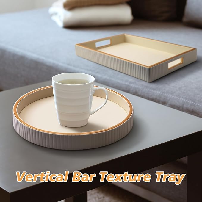 SANZIE Leather Tray Desktop Storage Organizer Premium Serving Tray Decorative Tray Valet Tray for Sundries Cosmetics Phone Wallet Cutlery, Circle + Rectangular, White