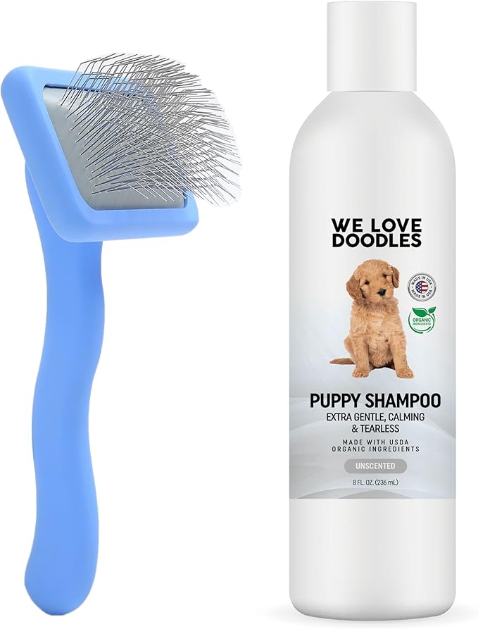 We Love Doodles Puppy Shampoo & Conditioner and Small Slicker Brush | Oatmeal Bathing | Sensitive & Itchy Skin Wash | Brush for Grooming Pet Hair | Removes Tangles & Matts | Organic - Made in USA