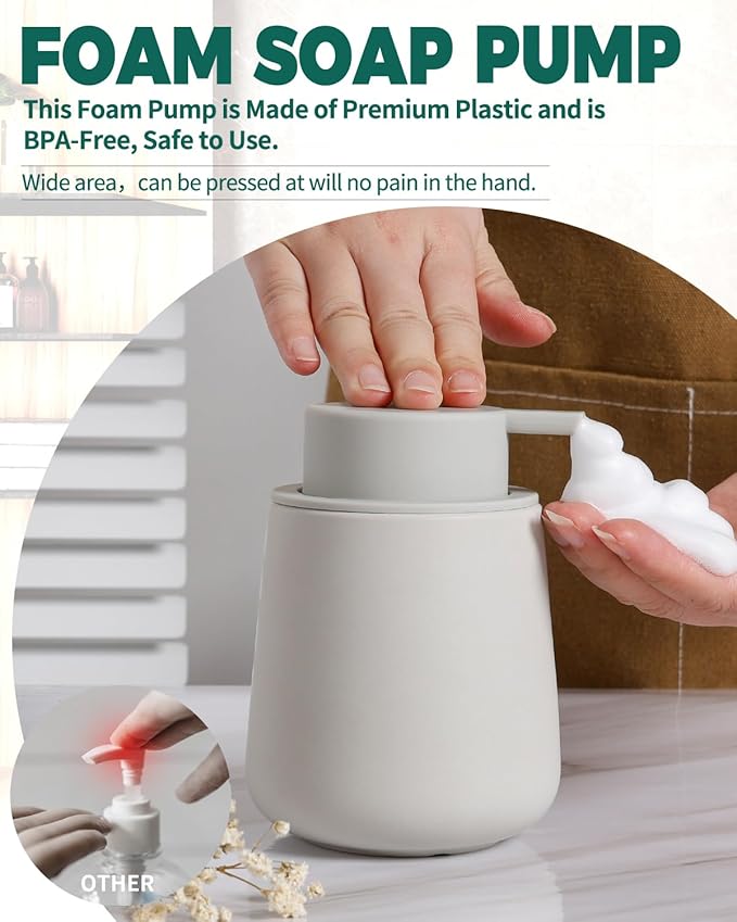 Bosilunlife Foaming Soap Dispenser - Beige Grey Ceramic Soap Dispenser Foam Pump 12oz Refillable Liquid Hand Wash Dispenser for Bathroom Dish Soap Bottle Pump for Kitchen (Rubber Paint)
