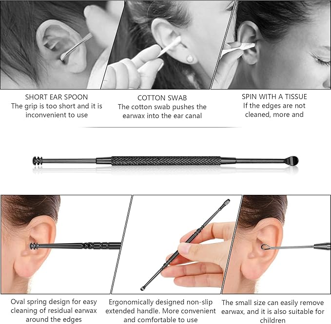 Hion 8 Pcs Ear Wax Removal Kit,Professional Double-Headed Ear Pick Earwax Removal Tools,316L Stainless Steel Ear Cleaner Curette with Cleaning Brush and Storage Box,Suit for Kid Adult(Black)