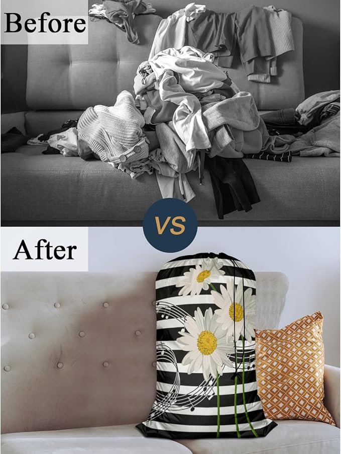 Swono Music Notes Storage Heavy Duty Basket Laundry Bag with Drawstring Daisies On Striped Bouquet Folding Organizer for Travel Washing Machine