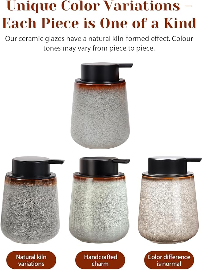 INGOFIN Ceramic Lotion Dispenser - 12 oz Refillable Hand Soap Dispenser Bathroom, Modern Liquid Dispenser with Pump, Dish Soap Dispenser for Kitchen, Kiln-Glazed