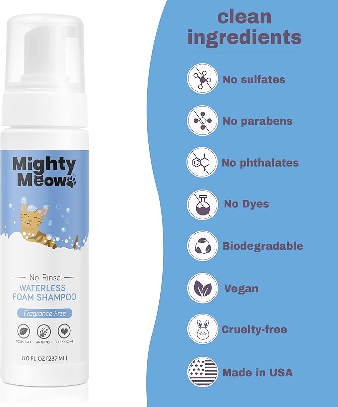 Waterless Foam Shampoo for Cats - No Rinse, Dry Shampoo for Cats - Eliminates Odors - Gentle & Anti-Itch - Natural & Hypoallergenic Waterless Cat Shampoo – Fragrance Free - 8 fl oz