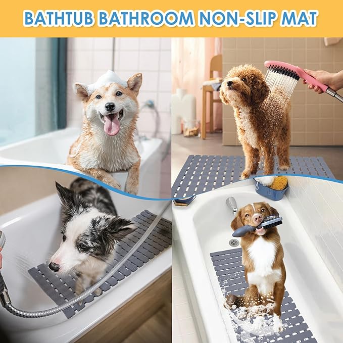 Bathtub Shower Mat, Pet Dog Bathing Non-Slip Mat, Dog Bath mat for tub, Quick Drain Bathtub Mat with Suction Cups & Drain Holes for Bathroom, 27.1x15.7 Inch