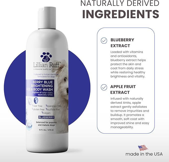 Lillian Ruff PRO Formula Berry Blue Brightening Dog Shampoo + Blueberry Waterless Dog Shampoo - Professional Whitening, Tear Stain Remover & No-Rinse Hydrating Odor Control, Aloe+Coconut Oil, USA Made