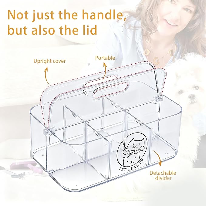 Clear Dog Storage Organizer,Pet Grooming Supplies Organizer with Handle,5 compartments Countertop Caddy, Storage Bin for Dog Cat Grooming Kit,Trimmer,Clipper,Combo,Brush