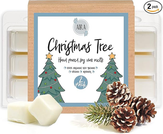 Aira Christmas Wax Melt - Organic, Vegan, Kosher, Scented Soy Wax Cubes w/Essential Oils - No Chemical 100% Soy Wax Melts for Tealight Melters - Hand-Poured Soy Tarts - Christmas Tree - 2 Pack