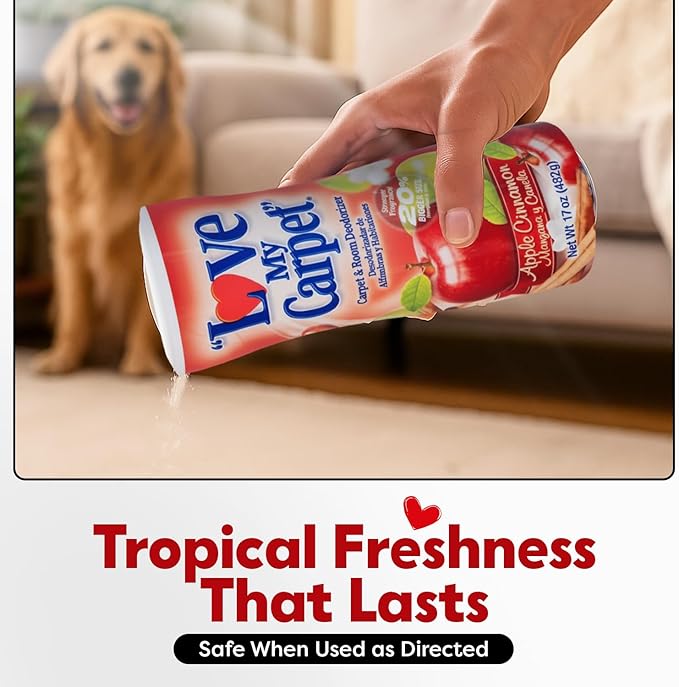 6 Love My Carpet | Carpet Deodorizer & Freshener Powder | 17 oz Pet Odor Eliminator for Strong Odor & Pet Urine | APPLE CINNAMON | Safe for Homes with Pets