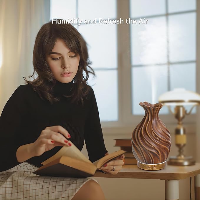 200ml Essential Oil Diffuser for Home, Wood Grain Cover Aromatherapy Diffuser, Cool Mist Humidifier with Safe Auto Shut-Off and 2 Mist Modes & 7 Color LED Night Lights for Office Room (VASE01)