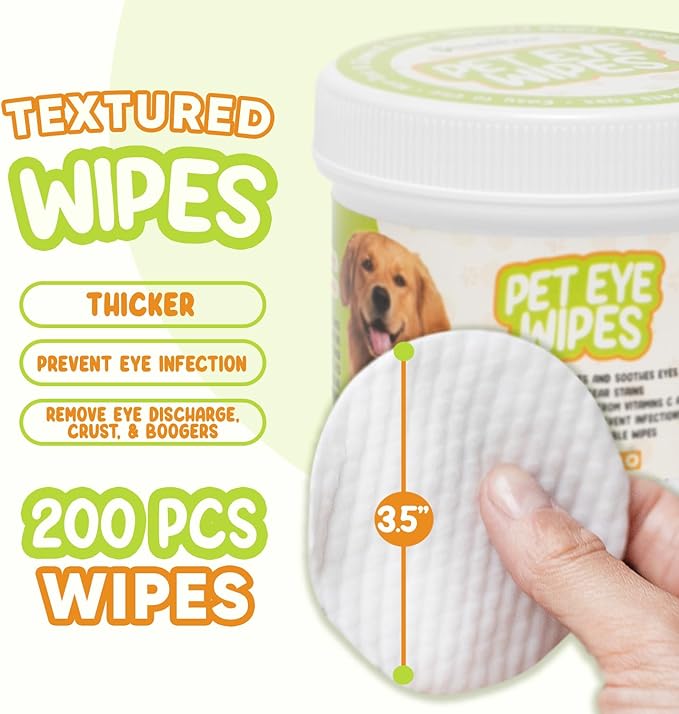 Pet Eye Wipes for Dogs & Cats | Gently Removes Tear Stains, Eye Debris, Discharge, Mucus Secretions | Chamomile Oil Pet Cleaning & Deodorizing Wipes for Eyes & Stains (200 Count)