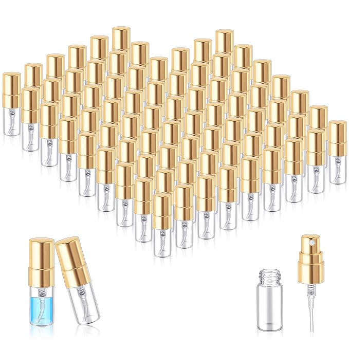 Zhehao 75 Pcs Mini Spray Bottles 2 ml Clear Glass Perfume Bottles Refillable Fine Mist Perfume Atomizer Portable Empty Sample Containers for Cleaning, Essential Oils, Travel (Gold Cap)