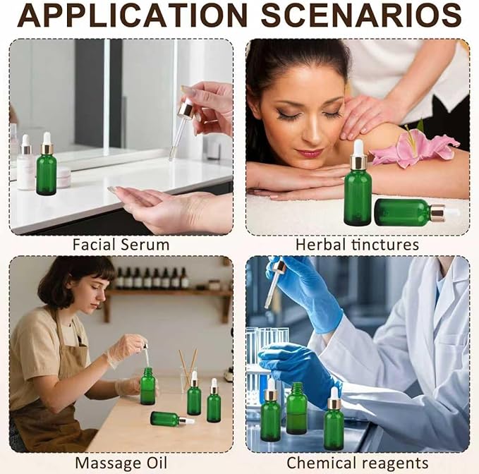 1 oz Dropper Bottles for Essential Oils，12Pack Green Glass Bottles with Glass Eye Dropper Leak Proof Travel Dispenser Bottle for Essential Oils,tincture, Aromatherapy, Chemistry Lab Chemicals