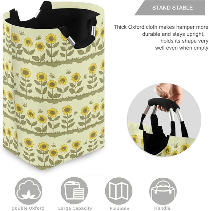 visesunny Retro Sunflower Floral Large Laundry Hamper with Handle Foldable Laundry Basket Toys and Clothing Organization for Bathroom, Bedroom, Home, Dorm, Travel