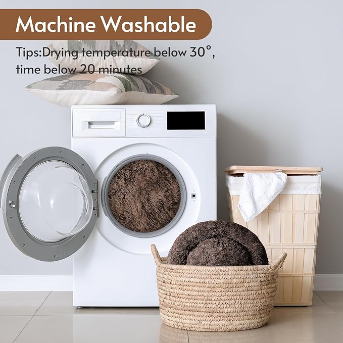 JOLLYVOGUE Small Dog & Cat Beds for Indoor Cats, Donut Cuddler Warming Soft Dog Beds with Anti-Slip Bottom, Round Calming Fluffy Plush Faux Fur Cushion Bed for Small Dogs (20", Coffee)