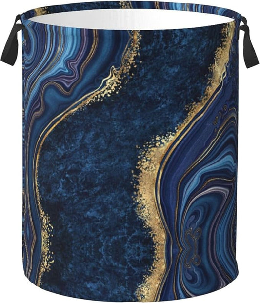Blue Marble Print Laundry Hamper Bag With Waterproof Liner - Round Laundry Basket Foldable Clothes Storage Organizer For Bathroom Bedroom Nursery Dorm, S-16.5"X 13.8"