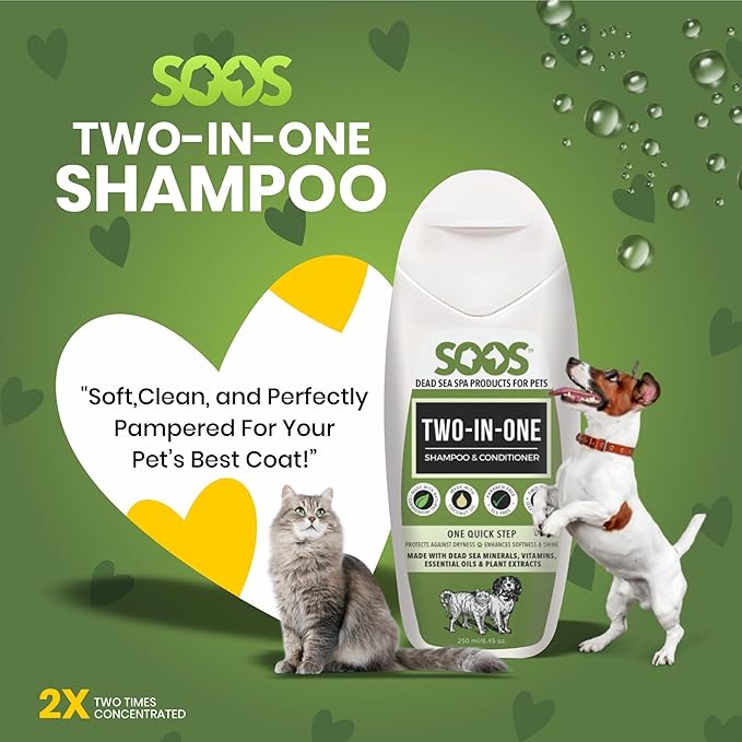 Soos Pets Two-in-One Shampoo Plus Conditioner for Dogs & Cats | 2-in-1 Natural Dead Sea Minerals | Cleansing & Moisturizing Formula | Gentle on Skin, Promotes Soft Shiny Coat - 250ml