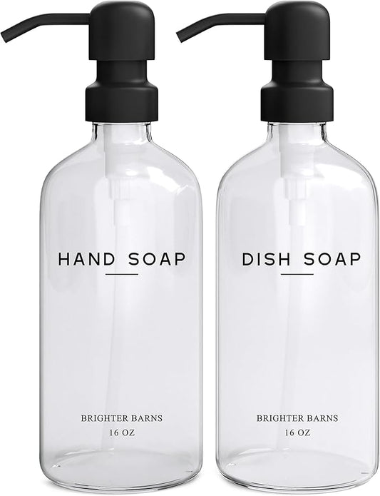 Clear Glass Hand and Dish Soap Dispenser Set by Brighter Barns - Kitchen Soap Dispenser Set & Pump - Glass Bottles for Kitchen Sink - Neutral Home Decor, Modern Farmhouse Bathroom Accessories (Clear)