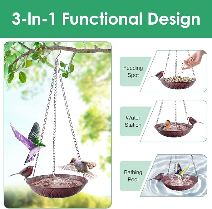 2 Pack Hanging Bird Bath for Outdoors, Metal Birds Feeder & Water Bowl with Chains and S-Hooks, Garden Birdbath Tray for Patio Porch, Tree Branch, Backyard Yard Decor (Rustic Brown)