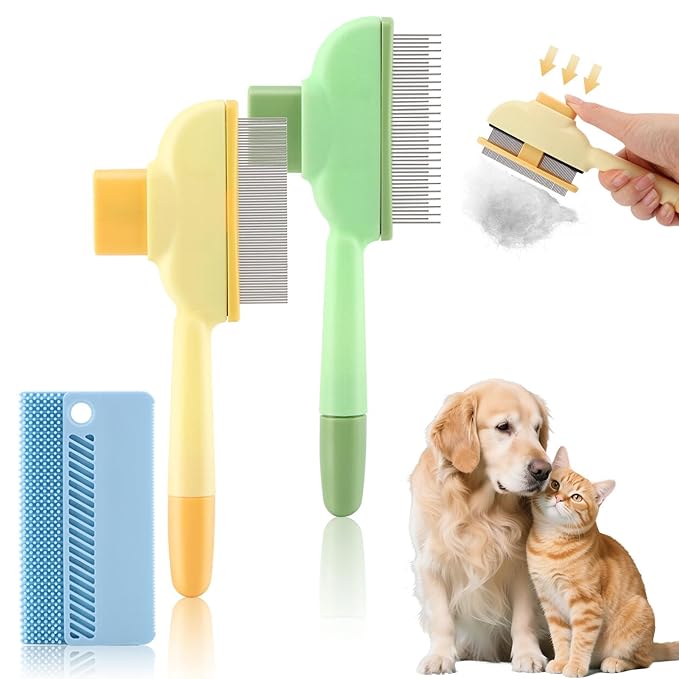 Pet Comb for Dogs Cats Brush, Flea Comb with Long Short Stainless Steel, Self-Cleaning Pet Brush for Shedding