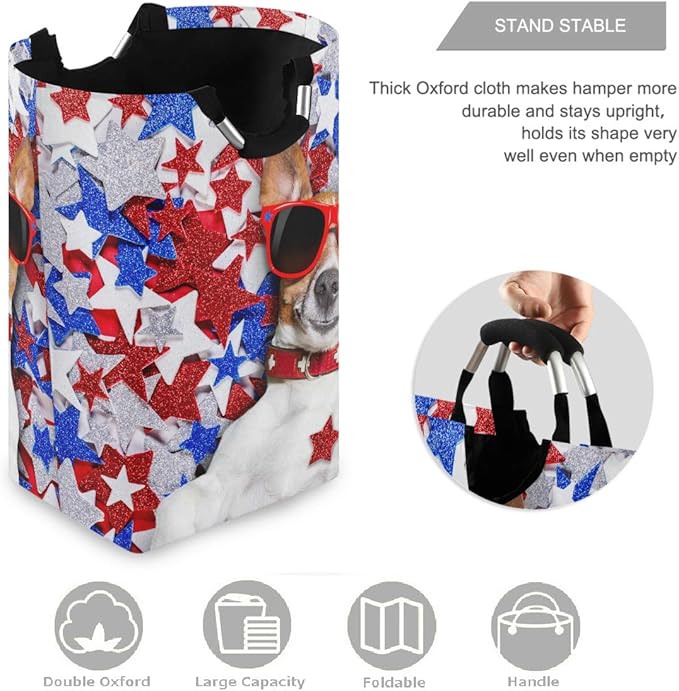 visesunny American Patriotic Dog Blue Red White Star Animal Large Laundry Hamper with Handle Toys and Clothing Organization for Bathroom, Bedroom, Home, Dorm, Travel