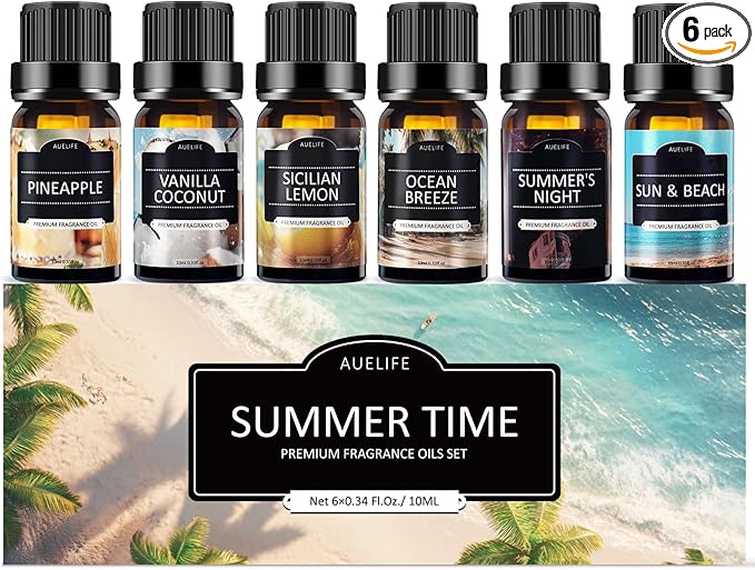 Summer Essential Oils Set | Top 6 Tropical Blends for Diffusers, Candle Scents, Aromatherapy Fragrance Oil - Coconut, Pineapple, Beach, Breeze, Lemon, Summer Night | Gift Set for Women, Home, Spa