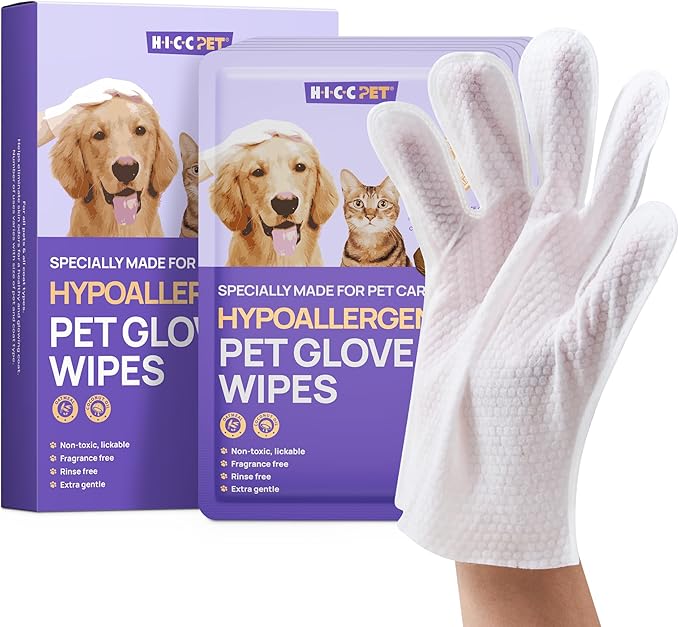 HICC PET Cleaning Deodorizing Glove Wipes for Dogs & Cats, Vet Recommended Hypoallergenic Hydrating & Nourish Fur Pet Grooming Glove Wipes, Pet Bathing Wipes for Horse Coat Care