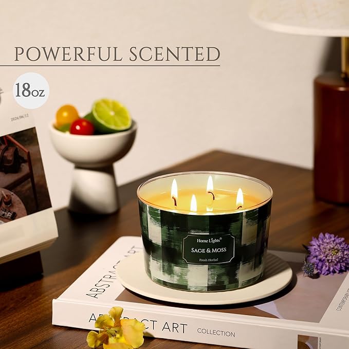 HomeLights Scented Candles for Women & Men, 18oz Candle Jars Aromatherapy 4-Wick Candle, Ideal for Scandinavian Minimalist Design Home Decor and Gifts, Sage & Moss