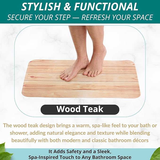 ENKOSI Bath Mat for Tub and Shower Floors - Non Slip Shower Mat – Anti Slip Bathtub Mat with Strong Suction Cup Grip – Soft, Wood Design Bathroom Mat for Inside Bath and Showers (28x16 Wood Teak)