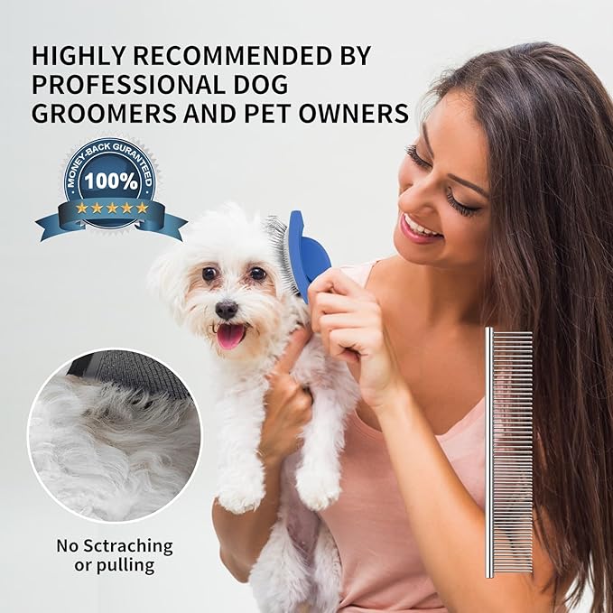 Slicker Brush for Dogs, Long Pin Dog Grooming Brush for Goldendoodles, Poodles, Doodles & More, Includes Bonus Pet Comb, Perfect for De-Shedding, Dematting & Reducing Tangles. Large, Blue