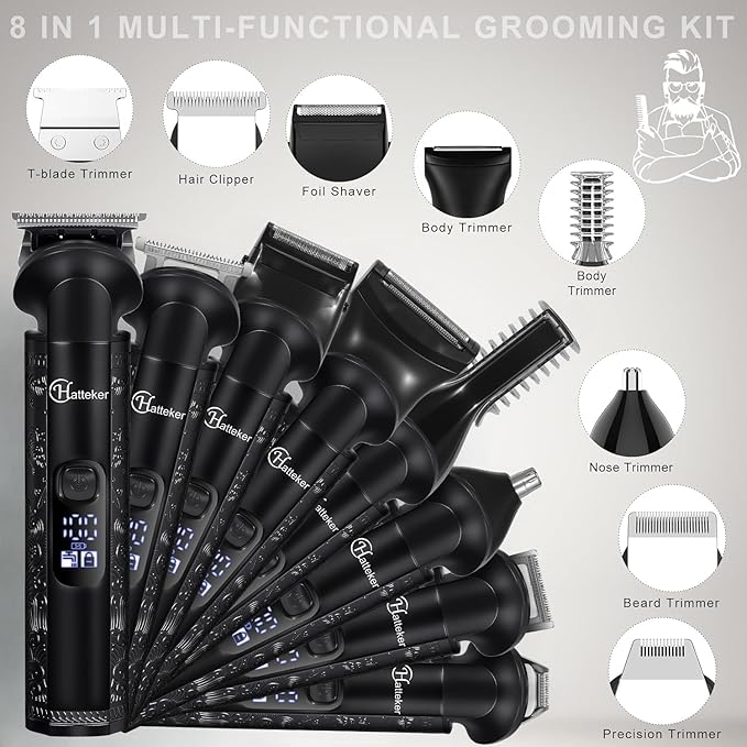Hatteker 8-in-1 Mens Grooming Kit - Zero-Gap T-Blade Trimmer, IPX7 Waterproof Cordless Set with Hair Clipper/Beard Trimmer/Nose Trimmer, USB Rechargeable (1.5H Charge 180M Use) for Home & Travel