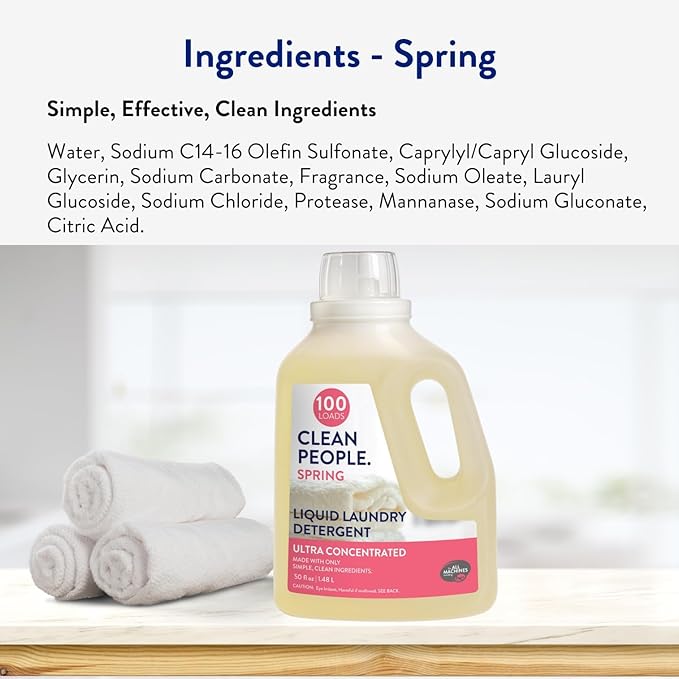 The Clean People Liquid Laundry Detergent - Recyclable Packaging, Stain Fighting - Ultra Concentrated, Laundry Soap - Spring Scent, 50 fl oz (2 Pack)