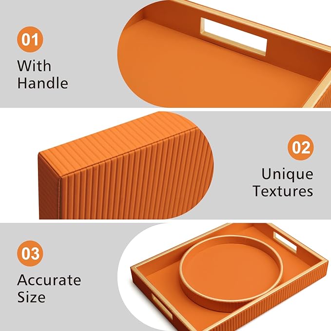 SANZIE Leather Tray Desktop Storage Organizer Premium Serving Tray Decorative Tray Valet Tray for Sundries Cosmetics Phone Wallet Cutlery, Rectangular, Orange