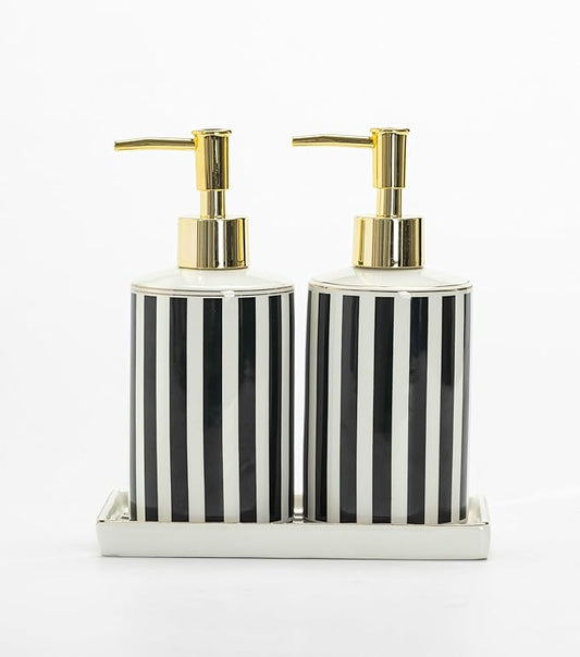 Luxury Black & White Ceramic Soap Dispenser Set with Gold Pump – 3-Piece Bathroom & Kitchen Accessories Set with Tray, Refillable Lotion & Dish Soap Pump Bottles, Elegant Modern Home Décor