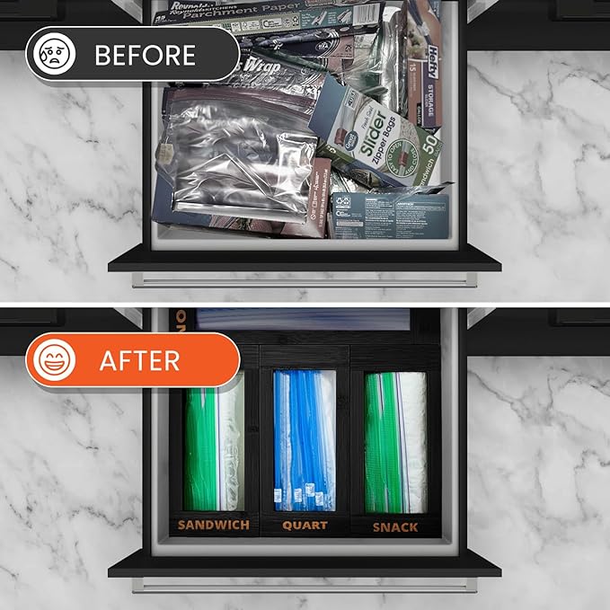 Bag Storage Organizer - Bamboo Food Plastic Baggie Holder, Dispenser, and Container for Kitchen Drawer - Fits Major Brand's Gallon, Quart, Sandwich & Snack Sized Slider Bags (Black)