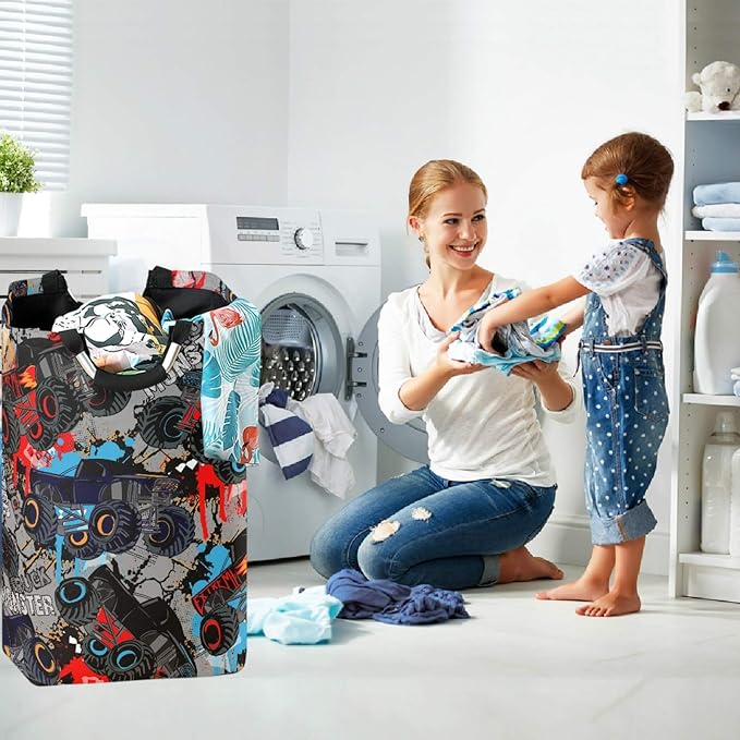 visesunny Large Capacity Laundry Hamper Basket Monster Truck Car Pattern Oxford Cloth Storage Baskets for Bedroom, Bathroom, Dorm, Kids Room