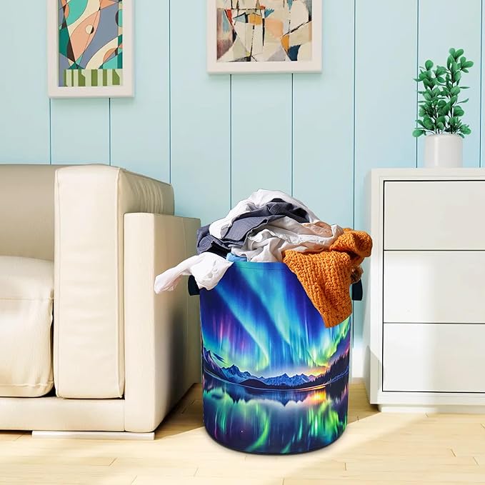 Aurora Laundry Basket Oxford Cloth Northern Lights Laundry Hamper With Handle Foldable Portable Clothes Storage Basket 18.9 X 16.5 In Storage Bag For Laundry Room/Bathroom/Bedroom/Dormitories