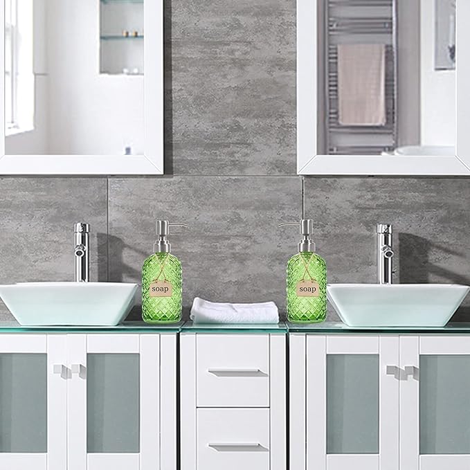 16 oz Diamond Pattern Glass Soap Dispenser, Kitchen and Bathroom Refillable Soap Dispenser with Rust Resistant Stainless Steel Pump for Hand Soap, Lotion Glass Liquid Dispenser(Green-2pack)