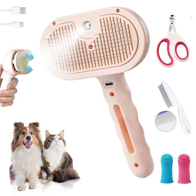 Pet Steam Brush for Dogs and Cats, 3 in 1 Steam Grooming Brush for Hair Shedding and Removal, Cleaning Spray Comb with Mist for Long-Haired Pets, Include Flea Comb, Nail Clippers, 2 Pet Toothbrushes
