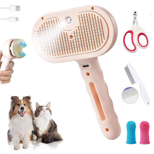 Pet Steam Brush for Dogs and Cats, 3 in 1 Steam Grooming Brush for Hair Shedding and Removal, Cleaning Spray Comb with Mist for Long-Haired Pets, Include Flea Comb, Nail Clippers, 2 Pet Toothbrushes