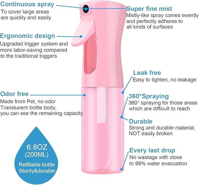Empty Spray bottles, Continuous Spray Bottle for Hair, Spray Water Bottle Fine Mist Refillable, Skin Care, Showering Pets, Plants, travel, Ironing and Cleaning 6.8 Ounce (1 Pack, Pink)